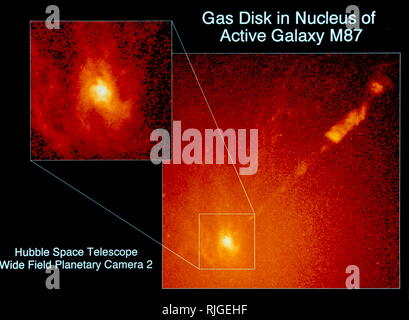 Telescopio Spaziale Hubble immagine raffigurante un disco di gas nel nucleo della galassia M87. Un NASA Hubble Space Telescope immagine di una spirale a forma di disco di gas caldo nel nucleo della galassia attiva M87. Le misurazioni di TRASMISSIONE IDROSTATICA mostra il disco rotante è così rapidamente che contiene un buco nero massiccio al proprio mozzo. Un buco nero è un oggetto che è così massiccia eppure compatta nulla può sfuggire alla sua forza gravitazionale, neppure la luce. L'oggetto al centro di M87 si adatta a tale descrizione. Pesa quanto più di tre miliardi di suns, ma è concentrata in uno spazio non più grande di quella del nostro sistema solare. Foto Stock