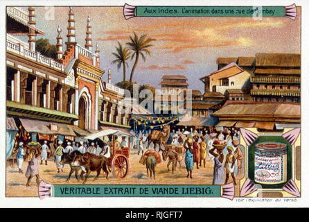 Scheda Leibig che mostra una scena di strada a Mumbai in India durante la dominazione britannica 1900 Foto Stock