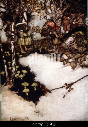 Illustrazione da Arthur Rakham di Rip Van Winkle, un racconto dello scrittore americano Washington Irving pubblicato per la prima volta nel 1819. Ne consegue una Dutch-American abitante in America coloniale chiamato Rip Van Winkle che cade addormentato in Catskill Mountains e si risveglia 20 anni più tardi, dopo aver perso la Rivoluzione Americana Foto Stock