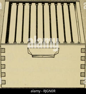 . Principiante bee prenota. Le api. Fig. 6.-l'hivebody Hke è un Fig. 7.-Hivebody con frame nella casella vuota. posto. telaio. Il principiante è spesso confuso dai diversi tipi di telai offerto nel cata- logue. Ploffman telai sono della stessa dimensione come il Langstroth regolari frame, ma essi sono costruiti in modo tale che essi sono più quasi self- spaziatura. Fig. 7 mostra un hivebody con telai in luogo. Nel tardo autunno quando non più miele. Si prega di notare che queste immagini vengono estratte dalla pagina sottoposta a scansione di immagini che possono essere state migliorate digitalmente per la leggibilità - Colorazione e aspetto di questi illustratio Foto Stock