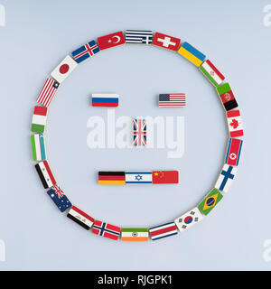 Illustrazione di una faccina sorridente da bandiere nazionali su Domino. Concetto di pace e il Commonwealth delle Nazioni e dell'ordine mondiale Foto Stock