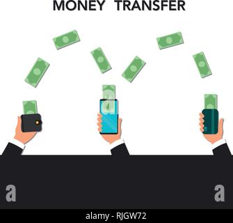 Trasferimento di denaro tramite telefono cellulare illustrazione vettoriale, cartoni animati piano mani persona tramite smartphone con portafogli contanti, carte di credito trasferimento di denaro Illustrazione Vettoriale