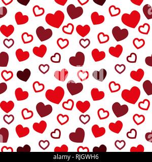 Un cuore semplice vettore seamless pattern. Il giorno di San Valentino sfondo. Design piatto infinite texture caotica di minuscole cuore silhouette. Sfumature di rosso.EP Illustrazione Vettoriale