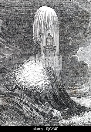 Una incisione raffigurante un faro di Eddystone in una tempesta, costruito da John Smeaton (1724-1792) un inglese ingegnere civile. Datata del XIX secolo Foto Stock