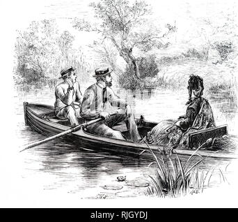 Una incisione raffigurante una famiglia godendo una giornata fuori in una barca di paglia. La madre indossa un cofano per proteggersi dal sole. Datata del XIX secolo Foto Stock