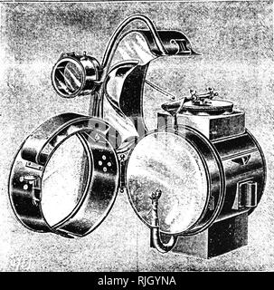 Una incisione raffigurante una lampada di acetilene. La lampada a carburo o acetilene lampade a gas, sono semplici lampade che producono e masterizzazione di acetilene (C2H2) che viene creato mediante la reazione di carburo di calcio (CACL2) con l'acqua. Datata del XIX secolo Foto Stock