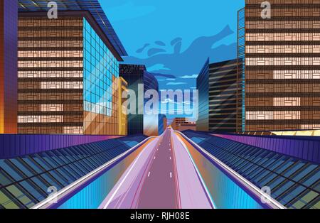 Strada di notte city scape vettore. Edifici sullo sfondo delle luci. Città moderna autostrada illustrazione Illustrazione Vettoriale