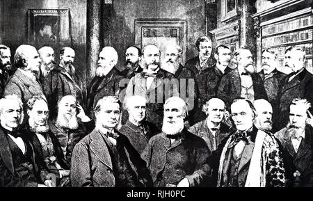 Una incisione raffigurante un ritratto di gruppo di alcuni illustri Fellow della Royal Society. Fila posteriore sinistra a destra: G.H. Darwin, Francis Galton, W. T. Thiselton Dyer, R. H. Scott, William Huggins, W. H. Preece, Lord Rayleigh, John Evans, E. Ray Lankester, W. H. M. Christie, Edward Frankland, Norman Lockyer, A. W. Williamson. Fila anteriore sinistra a destra: Gabriel Stokes, Joseph Hooker, J. J. Silvestro, T. H. Huxley, Archibald Geikie, John Tyndall, Arthur Cayley, Richard Owen, W. H. Fiore, William Crookes. Datata del XIX secolo Foto Stock