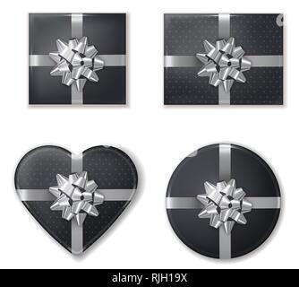 Giftbox impostare nero e argento realistica del vettore. Il product placement mock up. Packaging design 3D illustrazione Illustrazione Vettoriale
