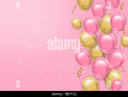 Iper realistica sfondo baloons. Scheda di amore con il vettore airballoons realistiche. Rosa e giallo gioiosa cartolina colorata Illustrazione Vettoriale