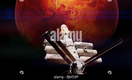 Astronave arriva in orbita attorno a Marte, la missione verso il pianeta rosso (3d illustrazione, gli elementi di questa immagine sono arredate dalla NASA) Foto Stock