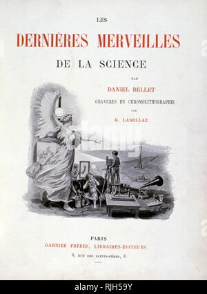 Pagina del titolo di Derniers Merveilles de la scienza di Daniel Bellet. 1900. La figura include un fonografo e telegrafo Foto Stock