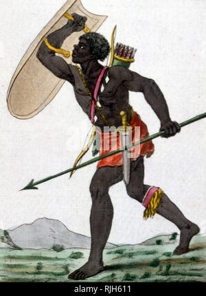 Xix secolo, Francese, illustrazione che mostra un africano guerriero con scudo e lancia Foto Stock