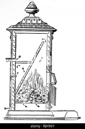 Una incisione raffigurante una vista in sezione di un combustibile solido stufa da J. Dunnachie mostrata a di abbattimento fumi, esposizioni di Londra. Datata del XIX secolo Foto Stock