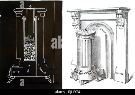 Una incisione raffigurante una vista in sezione di un combustibile solido stufa da J. Dunnachie mostrata a di abbattimento fumi, esposizioni di Londra. Datata del XIX secolo Foto Stock
