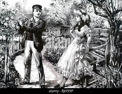 Una incisione raffigurante una gioventù spiumatura una rosa da uno standard di presentare alla ragazza che ama. Datata del XIX secolo Foto Stock