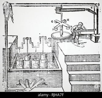 Una xilografia incisione raffigurante un uomo-alimentato a manovella azionata la pompa per fontana. Risalenti al XVII secolo Foto Stock