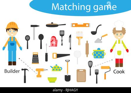 Professione matching game per bambini, collegare le cose con bisogno di professione, foglio di lavoro in età prescolare attività per bambini attività per lo sviluppo della logica Illustrazione Vettoriale