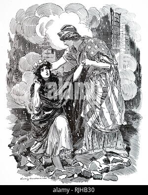 British cartoon da 1906 raffigurante la reazione al San Francisco terremoto, ricordato come uno dei peggiori e più mortale terremoti nella storia degli Stati Uniti. Il numero di morti rimane la maggiore perdita di vita da un disastro naturale in California, la sua storia e la sua alta negli elenchi di American catastrofi. Foto Stock