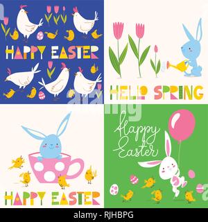 Set di quattro simpatici vettore primavera Pasqua carte con conigli, tulipani e scritte e uova Illustrazione Vettoriale