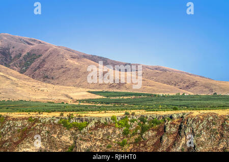 Vista sui frutteti ai piedi del monte Aragats oltre il fiume Kasakh canyon vicino alla città di Ashtarak Foto Stock