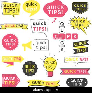 Consigli, suggerimenti rapidi, utili trucchi e suggerimenti loghi, emblemi e banner isolato su bianco. Gentile idea, soluzione e trucco illustrazione per boo Illustrazione Vettoriale