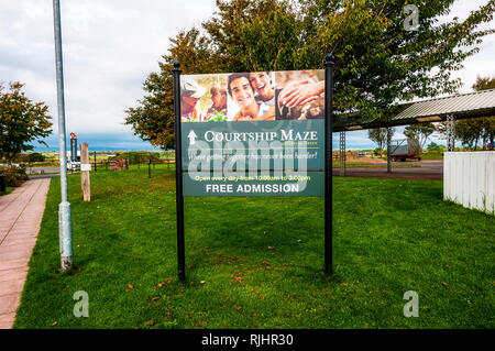 Modelli su di un grande poster colorati supportato da due posti di nero impostati in un prato verde in un contesto paesaggistico di pubblicizzare il corteggiamento labirinto a Gretna Green Foto Stock