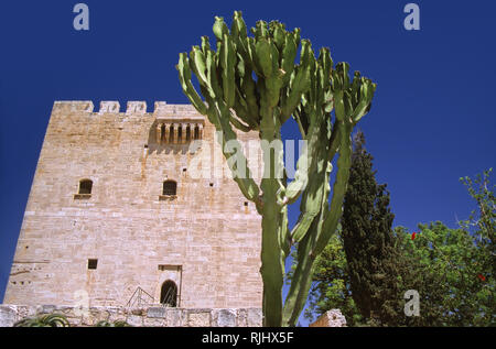 Il massiccio mastio del castello di Kolossi incorniciata dagli alberi contro un cielo estivo blu, Distretto di Limassol, Cipro Foto Stock