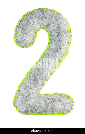 Numero 2. Fatto a mano numero due dal feltro grigio isolato su sfondo bianco. Serie di numeri dal feltro grigio giocattoli. Soft font con bordi arrotondati per utilizzare i Foto Stock