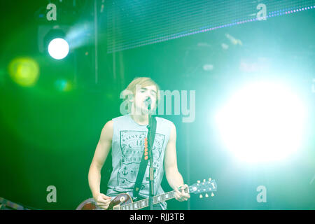 Tom Fletcher da McFly esegue in Hyde Park il 4 agosto 2012. Foto Stock