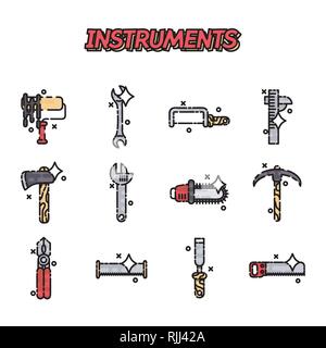 Strumenti le icone di Piana, set di strumenti di costruzione set di icone. Illustrazione Vettoriale