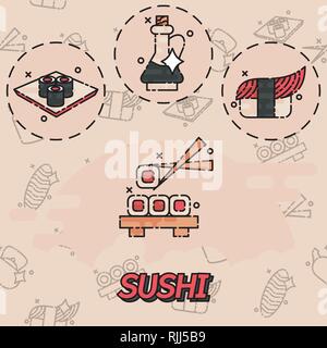 Sushi appartamento concetto icone. Segno di frutti di mare. Illustrazione vettoriale EPS, 10 Illustrazione Vettoriale