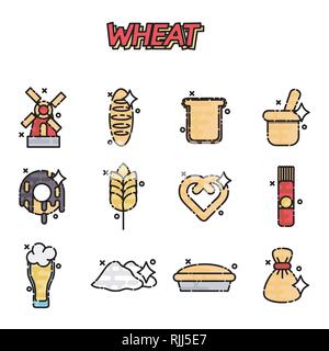 Piatto di grano icone cartoon per prodotti da forno, pane store, azienda agricola pagina web design. Illustrazione Vettoriale