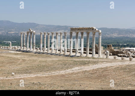 Vista lungo la sezione orientale del Portico del Nord la Sacra Agora, Laodicea, Denizli, Turchia. La forma rettangolare a nord la Sacra Agora copre una vasta area di Foto Stock