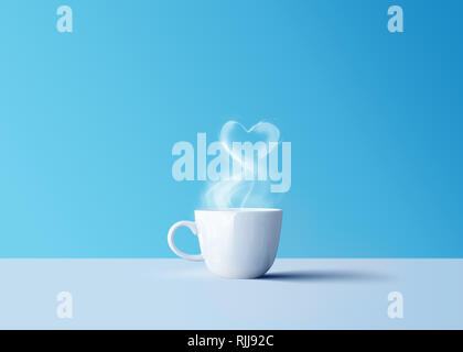 Hot caffè nero in bianco tazza da caffè con aroma di fumo e amore cuore Foto Stock