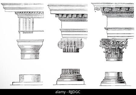 Una raccolta di tre ordini di architettura greca. Da sinistra a destra: dorico, ionico e corinzio. Datata del XIX secolo Foto Stock