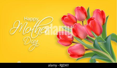 Madre giorno tulip fiori realistica del vettore. Bella primavera card vacanza giallo colore brillante Illustrazione Vettoriale