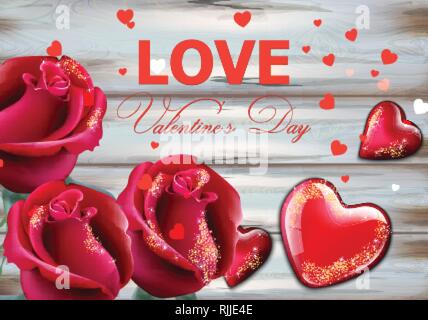 Il giorno di San Valentino card con rose rosse e cuori realistica del vettore. Bokeh di fondo morbido effetto romantico modello di scheda Illustrazione Vettoriale