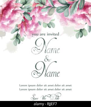 Rosa peonia fiori acquerello vettore banner. bouquet floreale di invito. Cerimonia di matrimonio evento Illustrazione Vettoriale