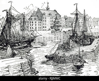 Una incisione raffigurante New York City Hall e dock. Risalenti al XVII secolo Foto Stock