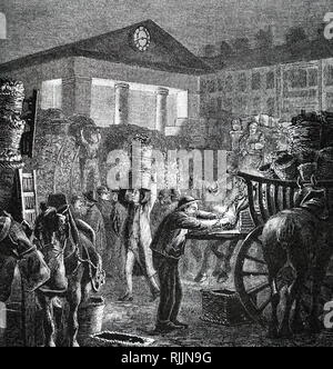 Una incisione raffigurante mercato di Covent Garden illuminati da lampade a gas. Datata del XIX secolo Foto Stock