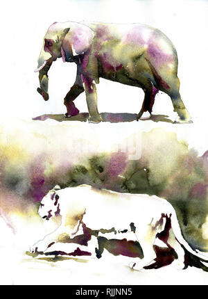 La pittura ad acquerello di elefante e mountain lion. Arte pittura di animali allo zoo. Foto Stock