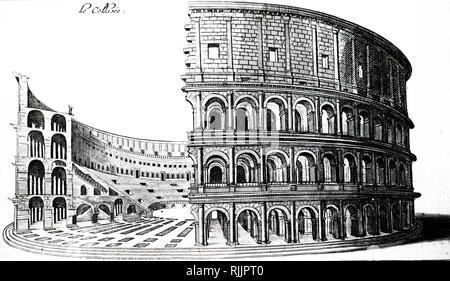 Una incisione raffigurante una sezione trasversale del Colosseo, Roma. Datata xviii secolo Foto Stock