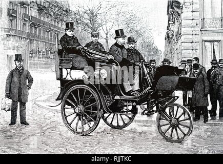 Una incisione raffigurante Léon Serpollet alla guida della sua auto a vapore a Parigi. Datata del XIX secolo Foto Stock