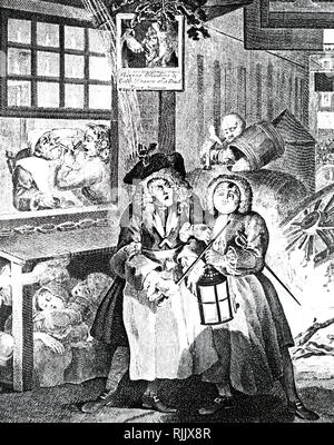 Una incisione intitolata 'notte' da William Hogarth (1697-1764) raffigurante due ubriachi ondeggiando il loro modo home, aiutato dalla luce di una lanterna. Datata xviii secolo Foto Stock