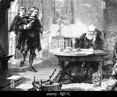 Disegno illustrante lo scrittore inglese, John Milton, visita di Galileo Galilei (1564 - 1642); Italiano polymath. Noto per il suo lavoro come astronomo e fisico, ingegnere, filosofo e matematico, Galileo è stato chiamato il padre di astronomia osservativa'. Xix secolo Foto Stock