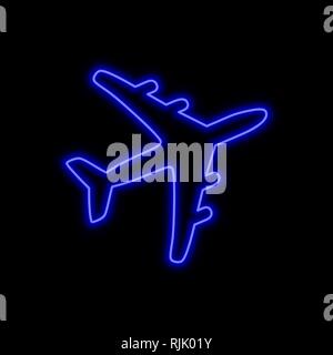 Aeroplano insegna al neon. Luminosa incandescente simbolo su uno sfondo nero. Neon stile icona. Illustrazione Vettoriale