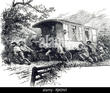 Una incisione raffigurante Uomini contribuendo a rilasciare un a cavallo il caravan che è stato bloccato nel fango. Datata del XIX secolo Foto Stock