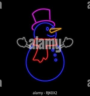 Pupazzo di neve insegna al neon. Luminosa incandescente simbolo su uno sfondo nero. Neon stile icona. Illustrazione Vettoriale