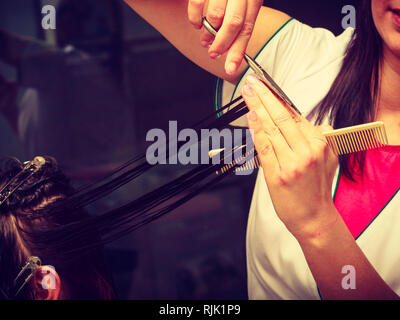 Professional hair styling, rifilatura Finisce Spalato concetto. Parrucchiere taglio scuro donna capelli lunghi Foto Stock